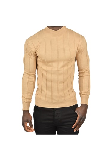 Deepsea Erkek Camel Slim Fit Likralı Tüylenme Yapmayan Yarım Balıkçı Çizgili Triko Yarım Boğazlı Kazak 2505503 Camel