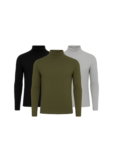 3'lü Paket Yarım Boğazlı Erkek Kazak Siyah - Gri