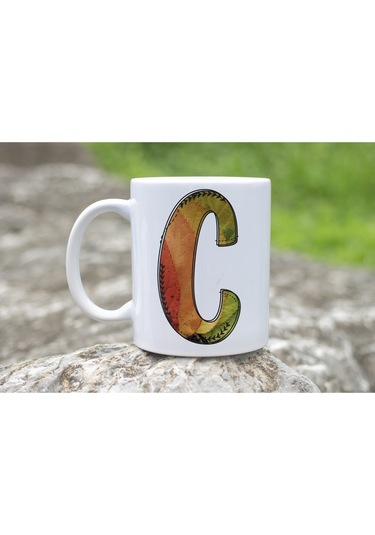C Harf Yaprak Renkleri İle Kupa Bardak - Kişiye Özel Alfabe Harfli Bardak - Hediye Beyaz