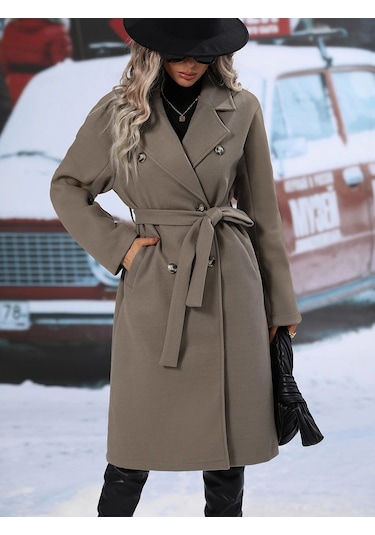 Yeni Sonbahar Ve Kış Kadın Kruvaze Bağcıklı Palto Siyah