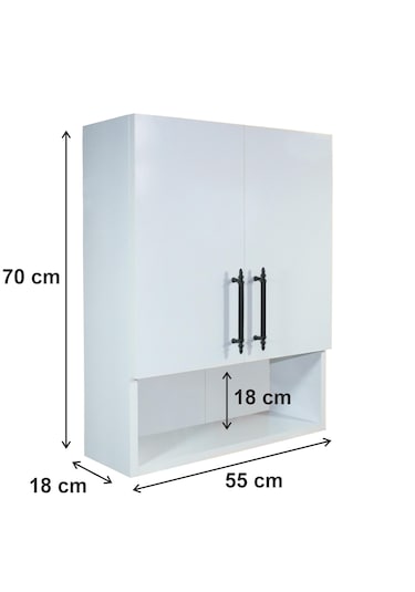 Ahşap Modern 2 Kapaklı Beyaz Lavabo Üstü Raflı Banyo Dolabı Beyaz