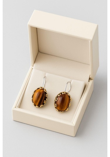 Lale Serisi El İşi Kahverengi Kaplangözü Taşlı Gümüş Kadın Küpe Gümüş