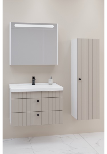 Petit 80 Cm Banyo Dolabı Npl Aynalı Krem - Boy Dolap Dahil Krem
