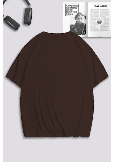 Unisex Kadın Erkek Hello Kitty Hug Me Baskılı Özel Tasarım Oversize T-shirt Kahverengi Mck0156 Kahverengi