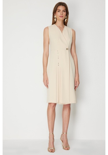 Ekol Kadın Süs Düğmeli Kruvaze Midi Elbise 6156 Krem