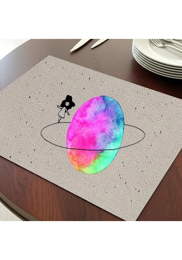 Satürn Galaxsideki Kız Tasarımlı Amerikan Servis, Tabak Altlığı & Şık Masa Dekoru Ev Hediyesi 2 Adet Krem