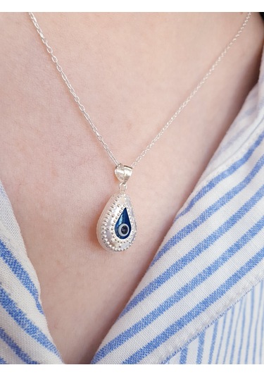 925 Ayar Gümüş Damla Model Nazar Boncuklu Gümüş Kolye