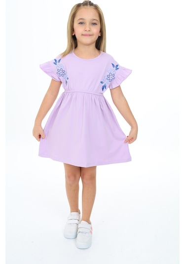 Toontoy Kız Çocuk Nakışlı Elbise Lila
