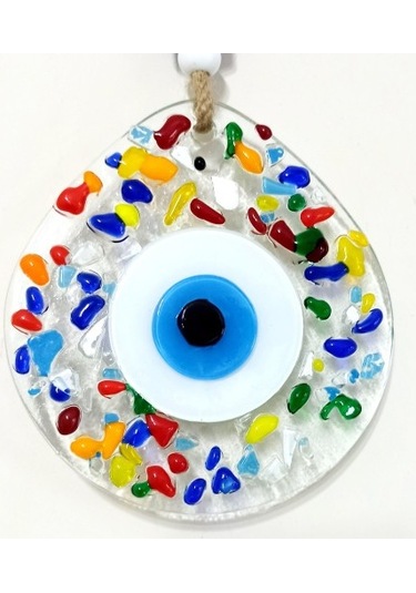 Gökkuşağı Renklerinde Nazar Boncuklu Damla Model Şeffaf Cam Duvar Süsü