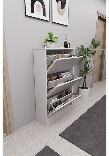 Mirobi Kembe 3 Bölmeli Açılır Modern Dekoratif Ayakkabılık Beyaz Beyaz