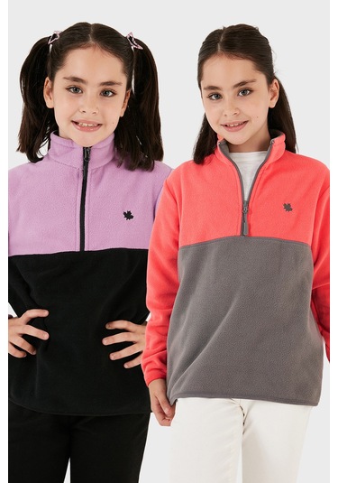 Lela Yumuşak Dokulu Yarım Fermuarlı Renk Bloklu Dik Yaka 2'Li Paket Çocuk Polar 5905004S2 Lila Siyah-Somon Gri