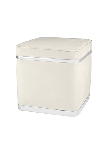 Zengo Silver Twin Line Kare Puf -beyaz Kumaş, Dekoratif Makyaj Masası Pufu-modern Style