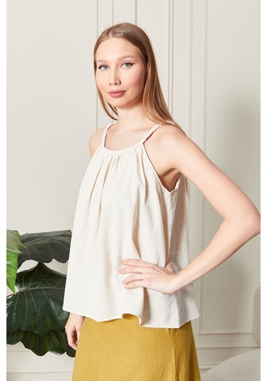 Şık Farklı Tarz Keten Işıl Bluz - Zarif Ve Modern Tasarım Krem