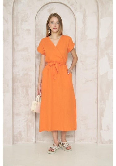 Kadın %100 Müslin Pamuk Yırtmaçlı Kruvaze Beli Kuşaklı Salaş Uzun Günlük Elbise 3612330 Turuncu
