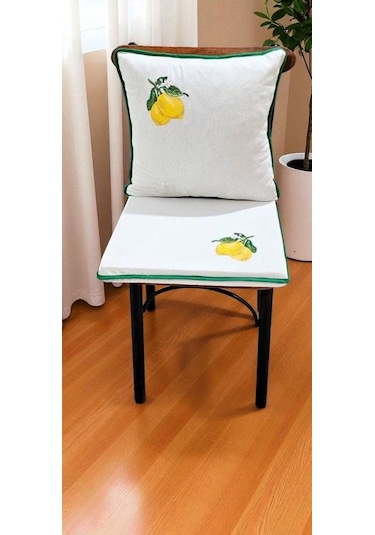 El Yapımı Buldan Yıkanmıs Keten Limon Nakıslı Biyeli Sandalye Minderi Naturel