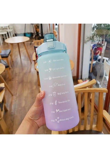 Su Şişesi 2 Litre Sulu Kalın Motivasyonlu Sızdırmaz Plastik Spor Şişe Green Purple 2.0l Green Purple