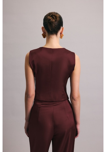 Sateen Klasik Düz Yelek - Bordo-137030 Bordo