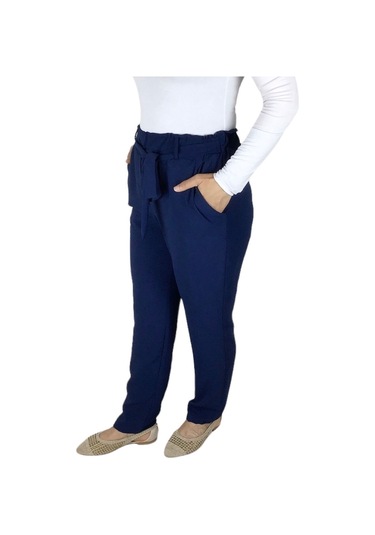 Kadın Beli Lastikli Kuşaklı Cepli Dar Paça Ayrobin Pantolon Lacivert