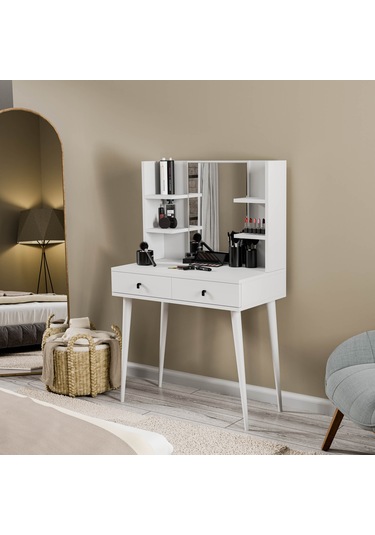2200 Lucky Aynalı Ahşap Ayaklı 2 Çekmeceli 80 Cm Makyaj Masası