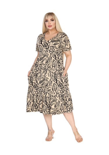 Melsay Butik Göğüsten Robalı V Yaka Kısa Kollu Bej Yaprak Desen Cepli Elbise Krem
