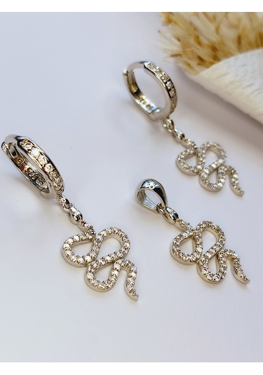 Gümüş Yılan Tasarım Kolye Ucu Küpe Kadın Set