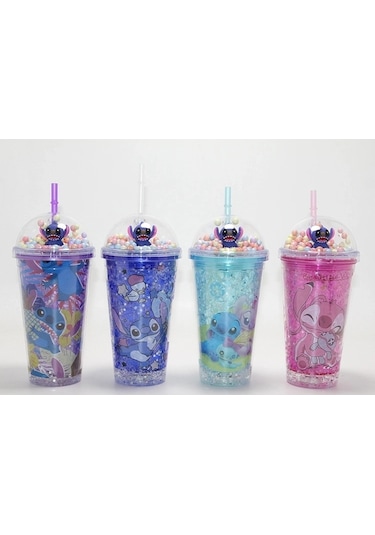 Sevimli Stitch Işıklı Pipetli Pullu Suluk & Bardak 400 Ml Alk4704 Çok Renkli