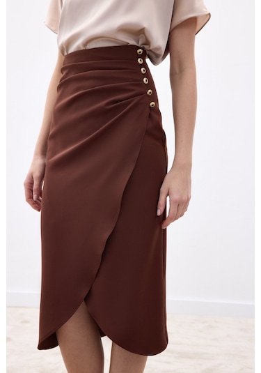 Sateen Düğme Detaylı Kalem Etek - Kahve-136775 Kahve