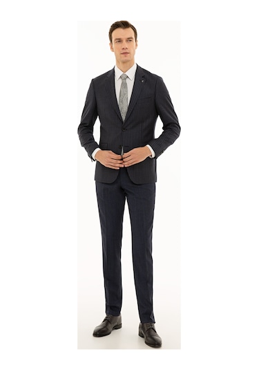 Cacharel İndigo Slim Fit Yün Çizgili Ceket Mavi
