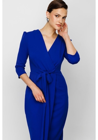 Nefeli V Yaka Midi Sarımlı Elbise - Minimalist Şık Günlük Saks