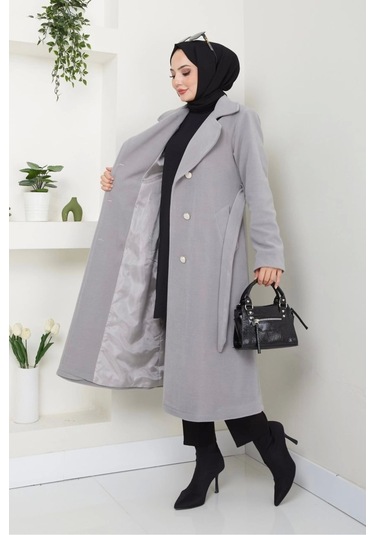Kadın Polar Kaşe Uzun Kaban / M0107 - Gri Gri
