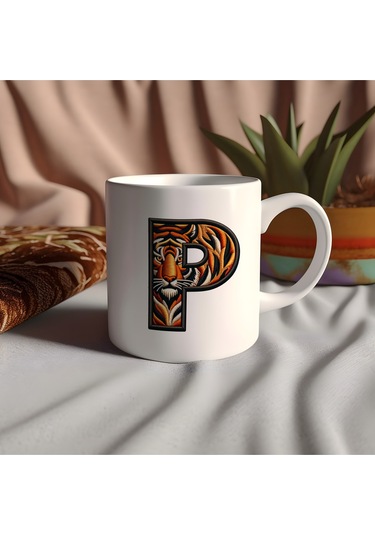 P Harfi Kaplan Figürlü Nakış Desenli Kupa Bardak - Kişiye Özel Vahşi Hayvan Desenli Kupa - Hediye Beyaz