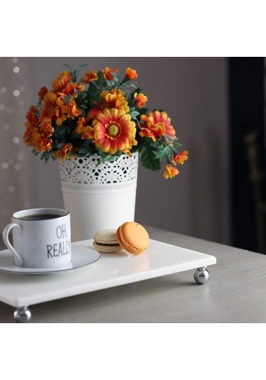 Akayev Mermer Beyaz 30x20 cm Gümüş Boncuk Ayaklı Sunum Tabağı