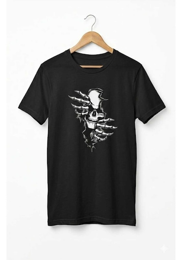 Erkek Pamuklu Rahat Kalıp Kurukafa Baskılı T-shirt Siyah