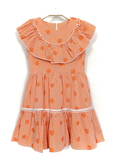 Yakası Ve Etek Ucu Fırfırlı Nakışlı Kız Çocuk Ekose Elbise 2033 Turuncu