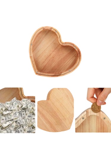 Dolıty Ahşap Kumbara Para Bankası Kalp Şekilli Bozuk Kutusu 12,8cmx12,8cmx2,8cm