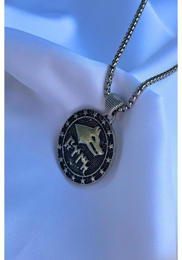 Göktürk Bayrağı El İşçiliği Paslanmaz Çelik Zincir Erkek Kolye Gümüş