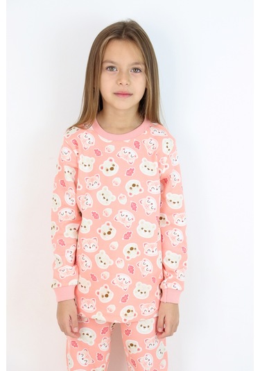 Kız Çocuk Orta Kalınlıkta Basic Baskılı Pijama Takımı Somon