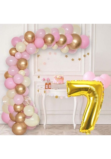 7 Yaş Krom Gold Pastel Pembe Ve Beyaz Balon Seti Gold Rakamlı Doğum Günü Balonu Şık Parti Süsleme Çok Renkli