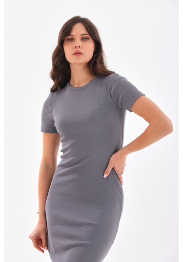 Gri Kısa Kollu Diz Altı Fitilli Esnek Kalem Elbise - 115 Cm Gri