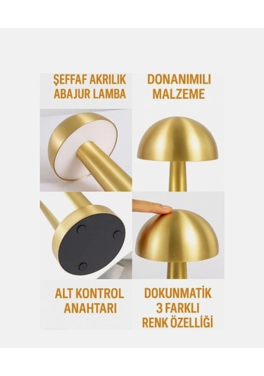 Mantar Başlı Masa Lambası Şarjlı Dokunmatik Gece Işığı Lüks Başucu Lambası Eskitme Gold