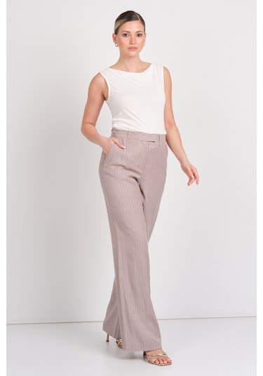 Ayhan Kadın Çizgili Cepli Keten Pantolon 1197 Kahverengi Kahverengi