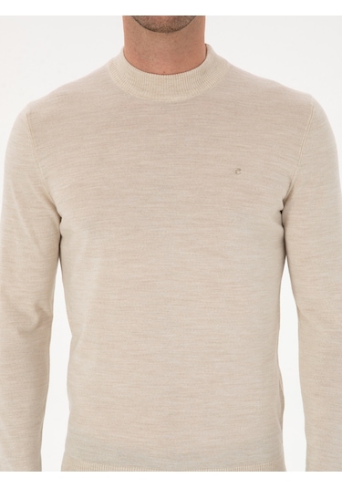 Cacharel Bej Slim Fit Yün Karışımlı Çeyrek Balıkçı Basic Triko Kazak