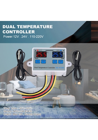 Dofolink Xk-w1088 Akıllı İki Kontrollü Elektronik Sıcaklık Kontrol Cihazı, İki Ekranlı, Ayarlanabilir, Ac110-220v, 10a Röle, Su Geçirmez Sensörlü