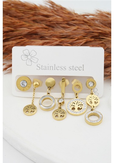 Kadın Kararmaz 6'Lı Hayat Ağacı Detaylı Çelik Set Küpe Altın-M