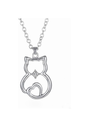 Pırlanta Gümüş Kedili Kalp Kolye