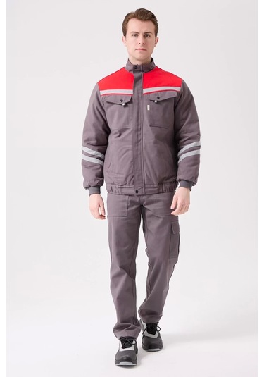 Kışlık İş Montu Grikırmızı Reflektörlü Gabardin Royal Mont İçi Kapitoneli Sıcak Tutan Gri-Kırmızı