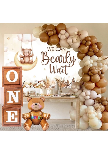 Oyuncak Ayı Temalı 1 Yaş Doğum Günü Seti Ahşap Görünümlü One Kutu Ve Retro Balon Zincir Set