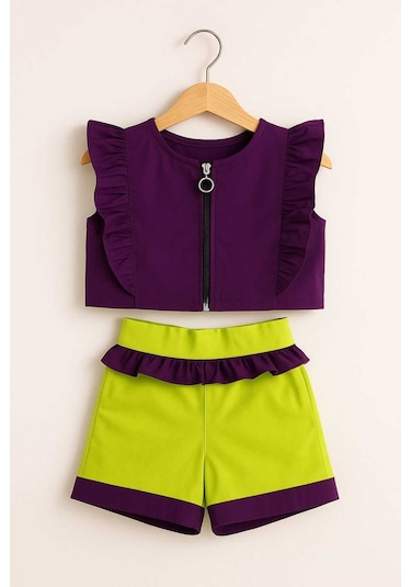 Kız Çocuk Fermuar Ve Fırfır Detaylı Alt Üst Takım 9-12 Yaş 11926 Mor