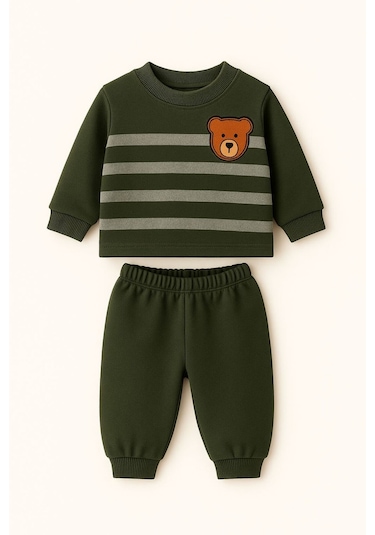 Oz Baby Çizgili Ayıcık Baskılı Kışlık Unisex Polar Bebek Takım Kız Ve Erkek Bebek Polar 1-4 Yaş Koyu Yeşil
