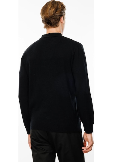 Desen Triko Erkek Polo Yaka Önü Baklava Desenli Yün Kazak 24513 Siyah Siyah